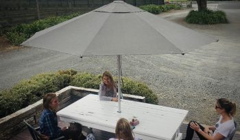 Black umbrella with girls sitting around table